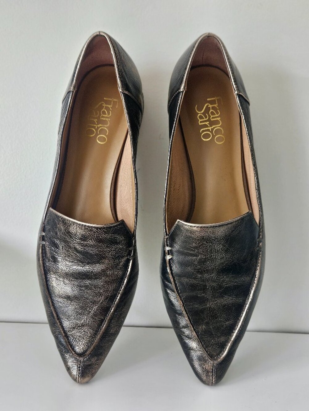 Franco Sarto Starland Metallic Leather Pointed Toe Loafers, Size 8M